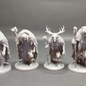 May include: A row of six gray miniature fantasy figures. Each figure is wearing a hooded cloak with fur-like texture. Some figures hold staffs, and one has antlers. The figures are standing on oval bases.
