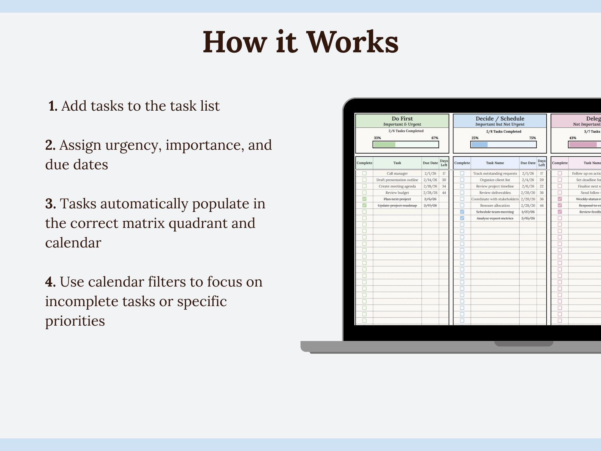 Eisenhower Matrix With Smart Calendar | Task Tracker Spreadsheet Google ...