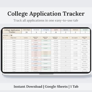 May include: A digital college application tracker displayed on a laptop screen. The spreadsheet shows application details, including college name, status, and deadlines. The text at the top reads "College Application Tracker".