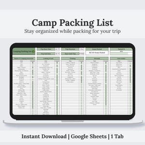 May include: A digital camp packing list displayed on a laptop screen. The list is organized into categories like shelter, cooking, clothing, and personal items. The text "Camp Packing List" is at the top, with "Instant Download | Google Sheets | 1 Tab" at the bottom.