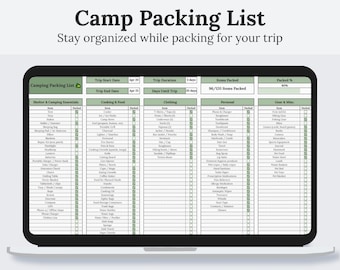 Camping Packing List | Camping Checklist | Camp Pack List | Girls Camp Packing List | Camping Trip Planner | Google Sheets Spreadsheet