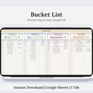 May include: A digital bucket list template displayed on a tablet. The template is divided into sections: Places to Go, Things to Do, Foods to Try, and Watch & Read. The title "Bucket List" is at the top, with the text "Dream big & stay inspired!" below it.