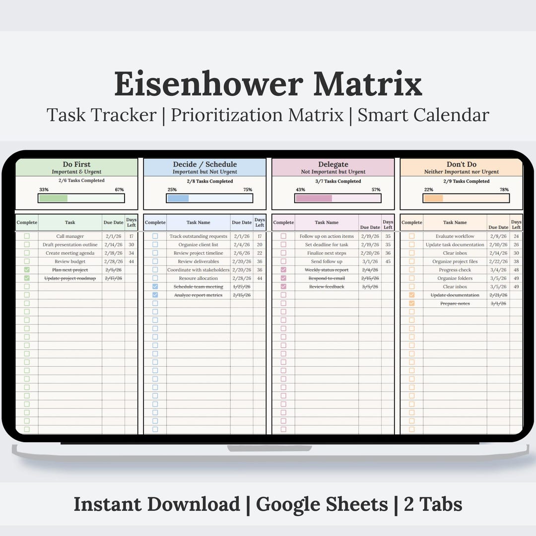 Eisenhower Matrix With Smart Calendar | Task Tracker Spreadsheet Google ...