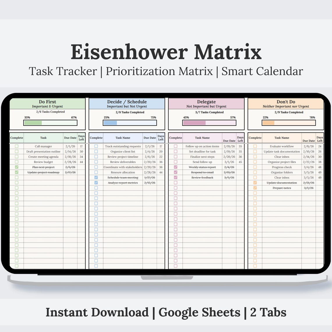 Eisenhower Matrix With Smart Calendar | Task Tracker Spreadsheet Google ...