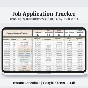 Strumento di monitoraggio delle candidature Google Sheets / Monitoraggio delle offerte di lavoro / Semplice organizzatore di ricerca lavoro e colloqui / Monitoraggio dei colloqui / Foglio di calcolo digitale