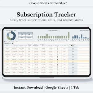 Prenumerationsspårning Google Sheets Kalkylblad | Fakturaspårning | Prenumerationshanterare | Enkel prenumerationsutgiftsspårning