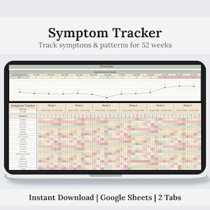 May include: A digital symptom tracker displayed on a tablet. The tracker includes a weekly overview and a monthly severity chart. Text on the screen reads "Symptom Tracker" and "Track symptoms & patterns for 52 weeks."
