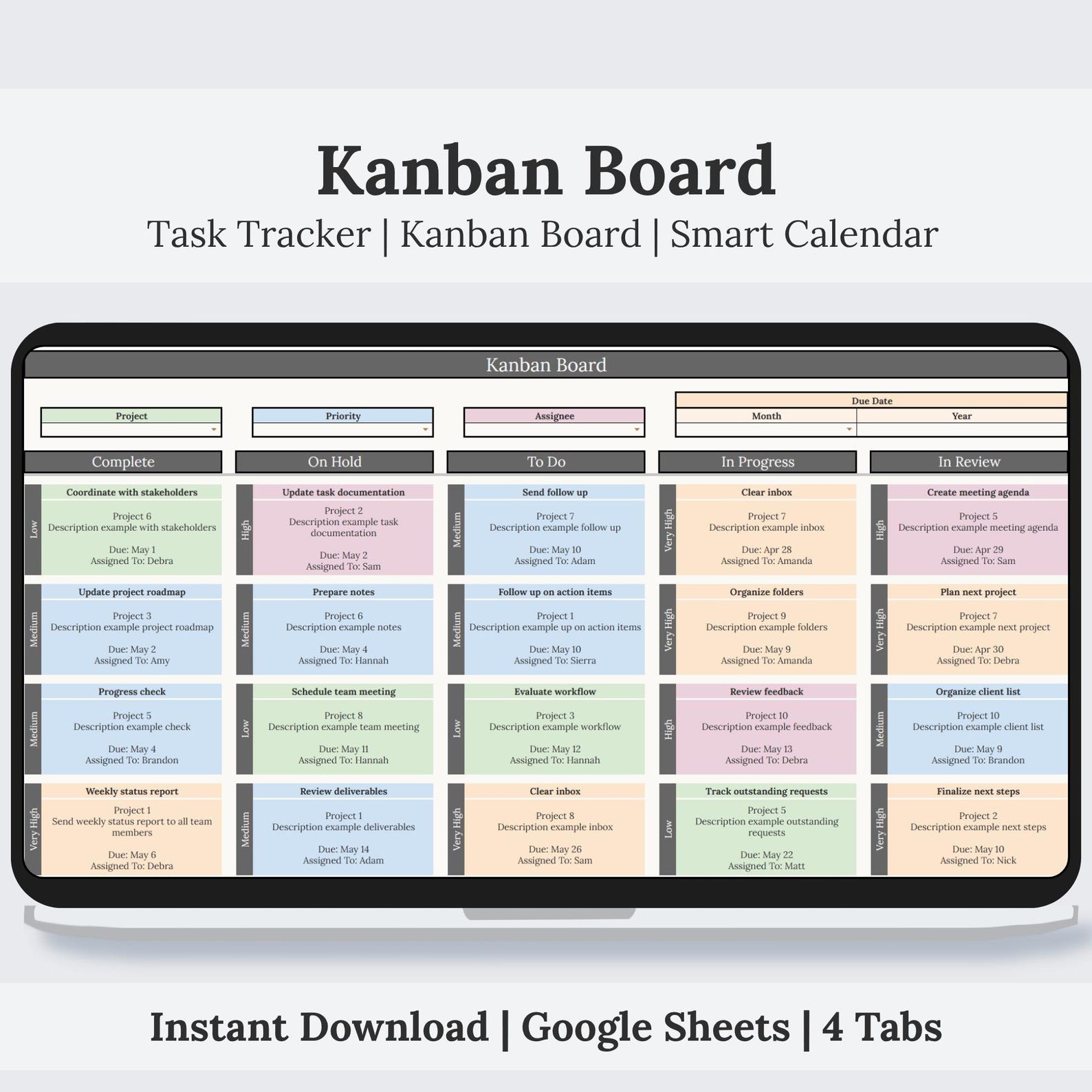 Kanban Board Spreadsheet With Smart Calendar Google Sheets | Task ...