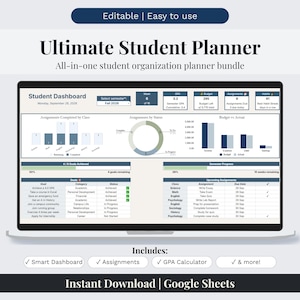 Puede incluir: Una plantilla de planificador estudiantil digital en una pantalla de portátil, con un panel de control que incluye gráficos, calculadora de promedio, seguimiento de tareas y herramientas de presupuesto, metas y hábitos.