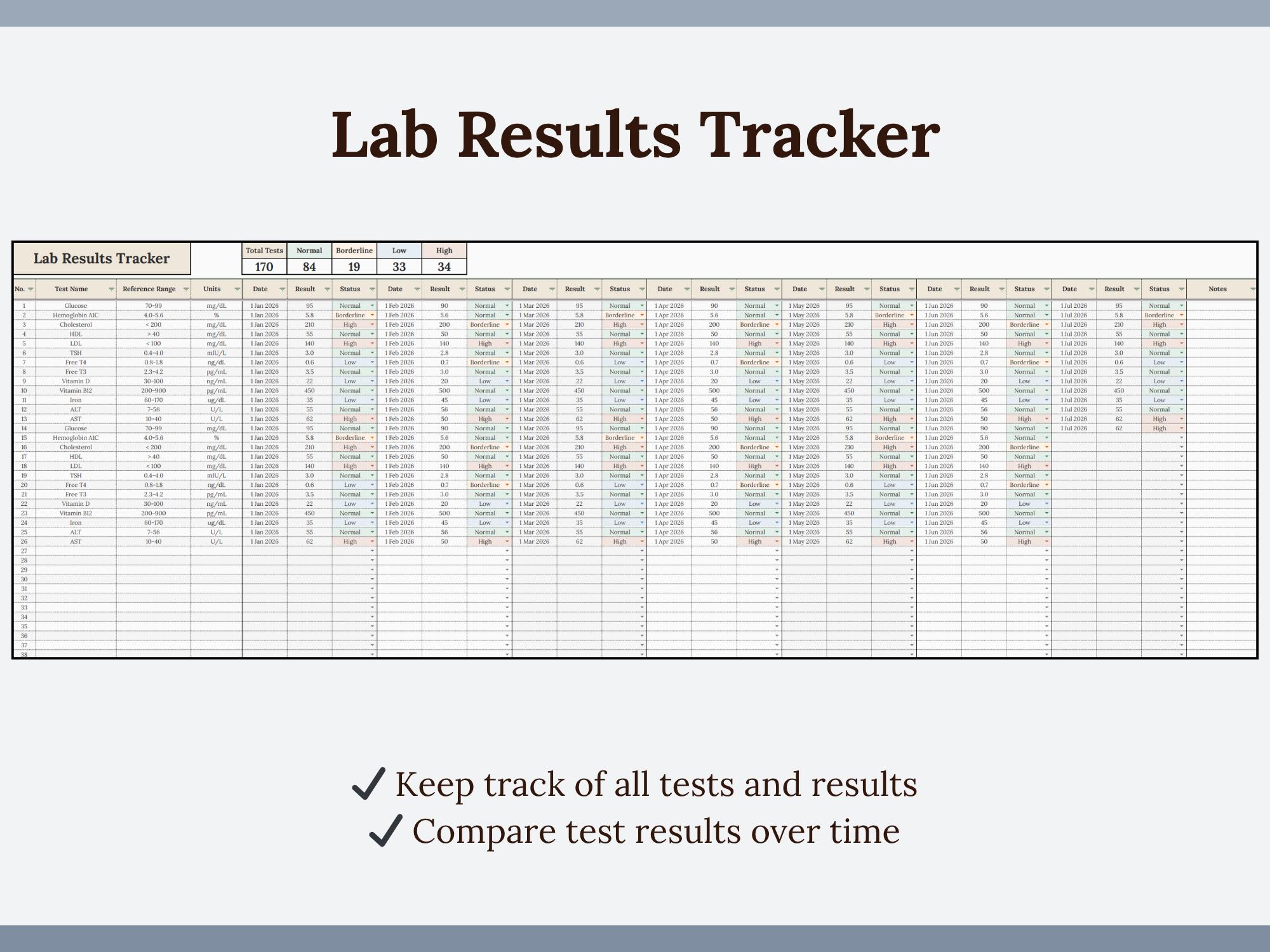 Lab Results Tracker Spreadsheet | Lab Results Log | Blood Work Tracker ...