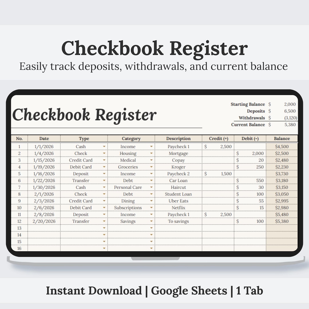 Checkbook Register Google Sheets | Bank Account Tracker Spreadsheet ...