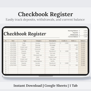 Chequeboek Registreren Google Spreadsheets | Dagelijks transactielogboek | Bankrekeningtracker-spreadsheet | Eenvoudige inkomsten- en uitgaventracker | Digitaal