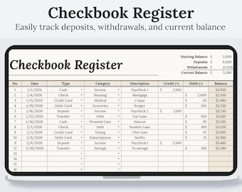 Checkbook Register Google Sheets | Daily Transaction Log | Bank Account Tracker Spreadsheet | Simple Income & Expense Tracker | Digital