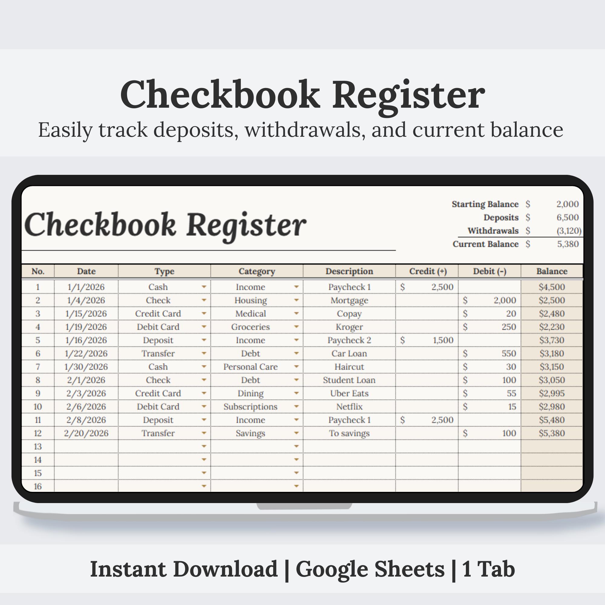 Checkbook Register Google Sheets | Bank Account Tracker Spreadsheet ...