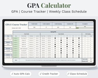 College GPA Calculator, Course Tracker, Weekly Class Schedule Spreadsheet | Student Course Planner | Google Sheets