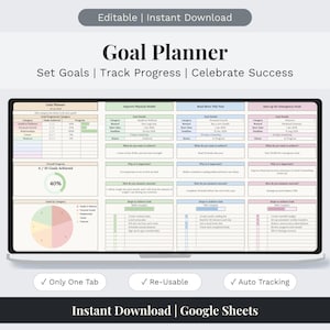 May include: A digital goal planner template for Google Sheets displayed on a laptop screen. The interface features sections for goal details, progress tracking, a pie chart, and tables with text including Goal Planner, Set Goals, Track Progress, and Celebrate Success.