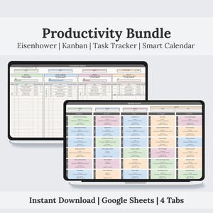 Op de afbeelding: Twee tablets tonen een digitale productiviteitsbundel. De bovenste tablet toont een Eisenhower Matrix, terwijl de onderste een Kanban board heeft. De tekst "Productivity Bundle" staat bovenaan, met "Eisenhower | Kanban | Task Tracker | Smart Calendar" eronder.