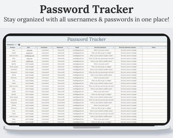 Password Tracker Fillable Google Sheets Spreadsheet | Password Keeper | Password Log | Login and Password Tracker | Password Organizer