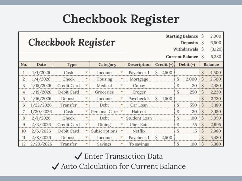 Checkbook Register Google Sheets | Bank Account Tracker Spreadsheet ...