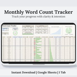 Rastreador mensual de palabras / Planificador de novelas / Rastreador de NaNoWriMo / Planificador de escritura de libros / Escribir un libro / Seguimiento de palabras / Hojas de cálculo de Google