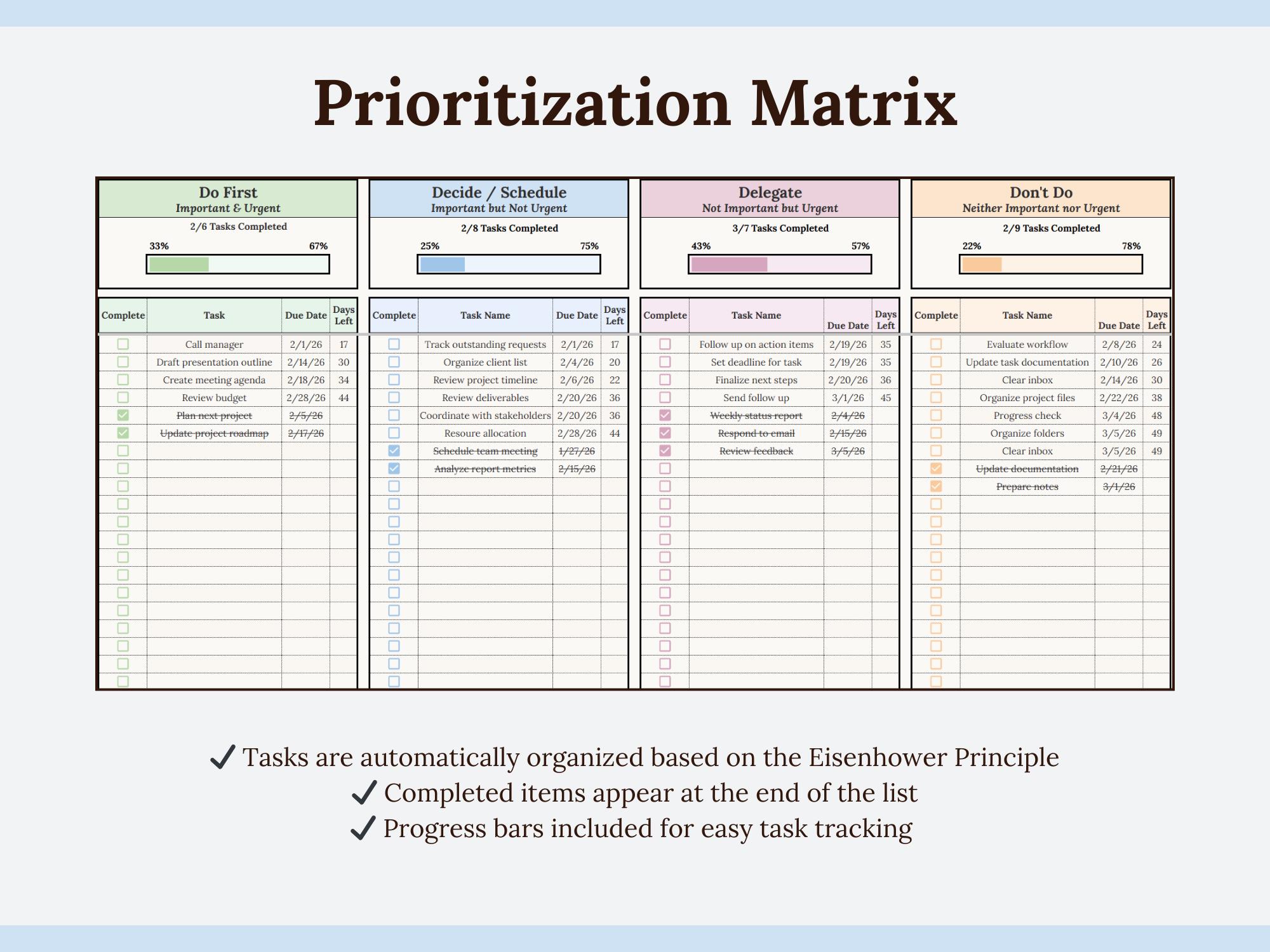 Eisenhower Matrix With Smart Calendar | Task Tracker Spreadsheet Google ...