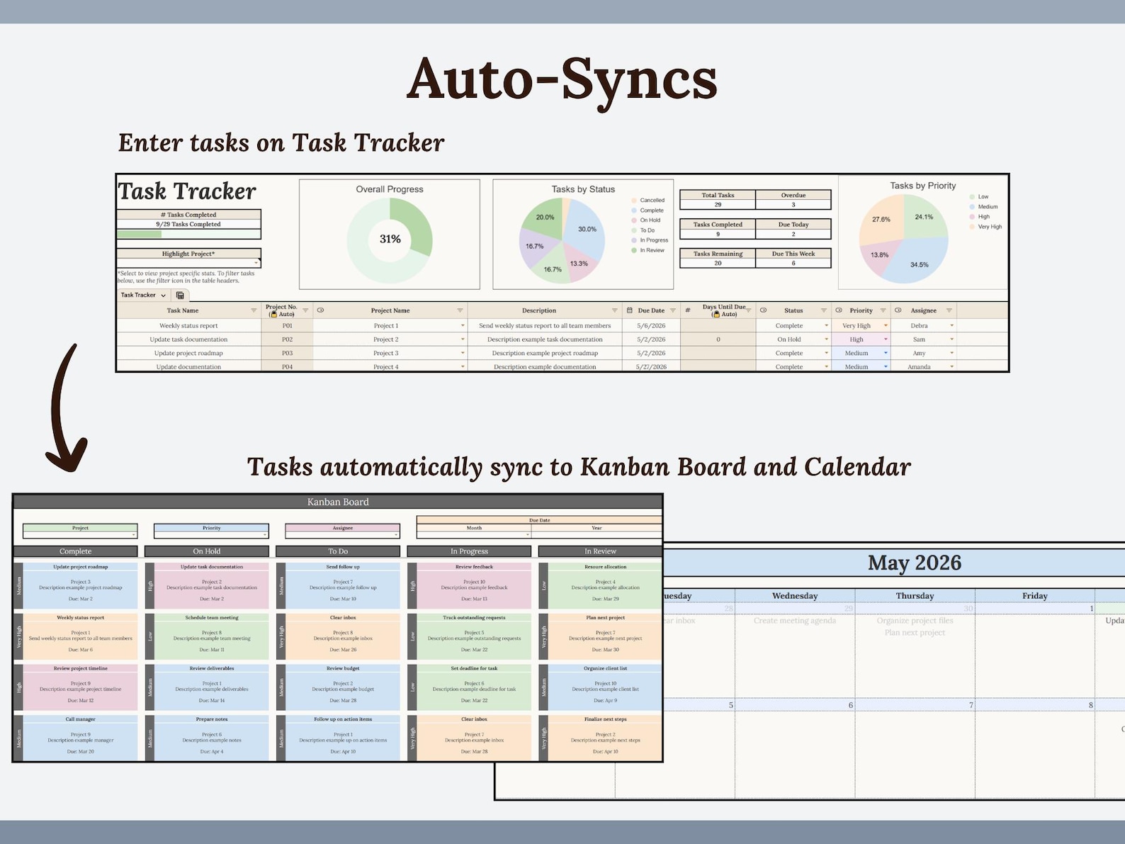 Kanban Board Spreadsheet With Smart Calendar Google Sheets | Task ...