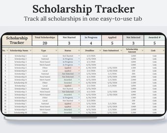 Scholarship Tracker | Scholarship Template | College Scholarship Planner | Student Spreadsheet | Google Sheets Spreadsheet