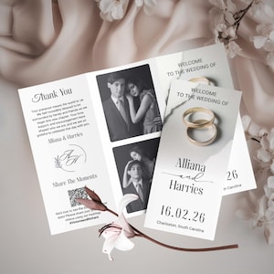 Peut inclure: Ensemble de faire-part de mariage. Une carte pliée en trois avec un message de remerciement et des photos du couple. Deux cartes supplémentaires affichent des alliances, les noms, la date et le lieu : Alliana et Harries, 16.02.26, Charleston, Caroline du Sud.