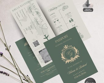 Olive Green Passport Style Wedding Invitation Template: Destination Theme (Canva Editable, Digital Download)