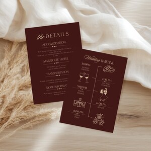 May include: Two maroon wedding invitation cards with gold text. One card lists details like accommodation and transportation. The other card displays a wedding timeline with times and event icons, including a ceremony and reception.
