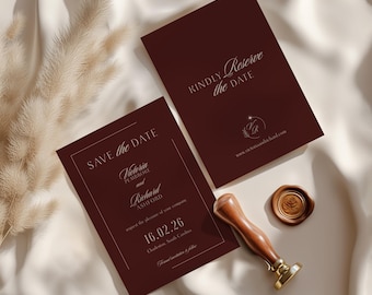Old Money Oxblood Save the Date Card Template with Editable Monogram