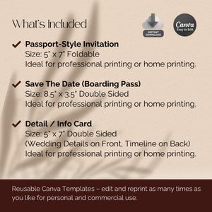 May include: A beige Canva template image listing three wedding stationery items: a passport-style invitation (5" x 7"), a save-the-date boarding pass (8.5" x 3.5"), and a detail/info card (5" x 7"). Includes the text "What's Included" and "Reusable Canva Templates".