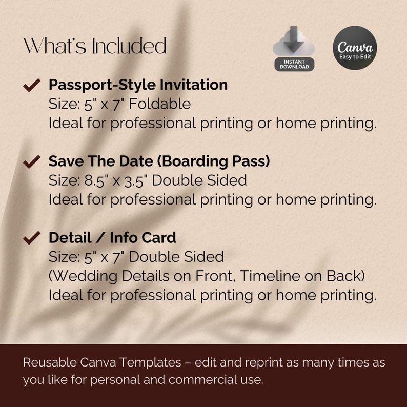May include: A beige Canva template image listing three wedding stationery items: a passport-style invitation (5" x 7"), a save-the-date boarding pass (8.5" x 3.5"), and a detail/info card (5" x 7"). Includes the text "What's Included" and "Reusable Canva Templates".