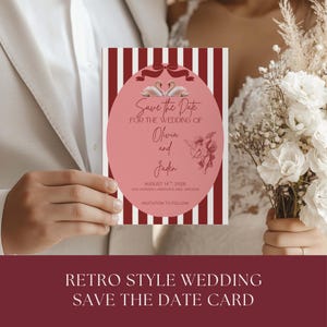 May include: A retro-style wedding save-the-date card. The card features a pink oval with swans, cherubs, and the names Olivia and Jaden. The background has red and white stripes. The text reads "Save the Date" and "Invitation to Follow."