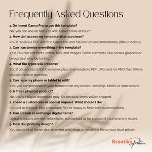 May include: A digital download FAQ template with the title "Frequently Asked Questions" in a stylish font. The template answers common questions about using the Canva template, including file types, customization, and printing. The Kreative Palace logo is in the bottom right.