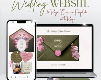 Romantic Vintage Wedding Website Template with RSVP | Blush Pink and Olive Green Canva Wedding site, Save the Date and Invitation