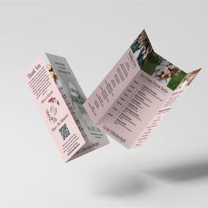 May include: Three-panel wedding program in pink and white. The program includes text, floral designs, and a QR code. The program's panels display the wedding party, ceremony timeline, and thank you message.