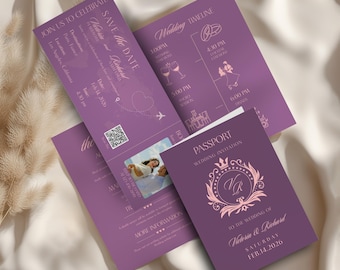 Orchid Purple Passport Wedding Invitation: Editable Canva Template Set, Old Money Style Boarding Pass Save the Date, Details & Timeline Card