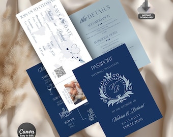 Passport Wedding Invitation Template: Old Money Destination Theme (Canva Editable, Digital Download)