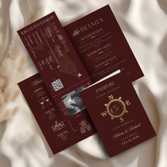 Old Money Style Passport Wedding Invitation Canva Template Set | Boarding Pass Save the Date + Details & Timeline Card