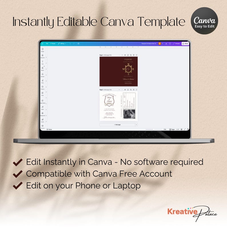 May include: A laptop displays a Canva template with a burgundy passport design and wedding invitation. The text reads "Instantly Editable Canva Template" and "Edit Instantly in Canva". The template is compatible with a free Canva account and can be edited on a phone or laptop.