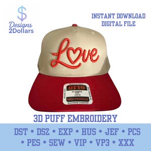 Love 3D Puff Embroidery Design | Heart Script Hat File | Valentine Embroidery | 4.19" x 2.38" | Digital Download