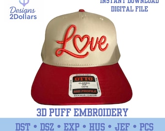 Love 3D Puff Embroidery Design | Heart Script Hat File | Valentine Embroidery | 4.19" x 2.38" | Digital Download