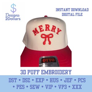 Merry 3D Puff Embroidery Design with Bow | Christmas Hat Embroidery File | 3D Foam Stitch | 3.56" x 2.38" | Digital Download