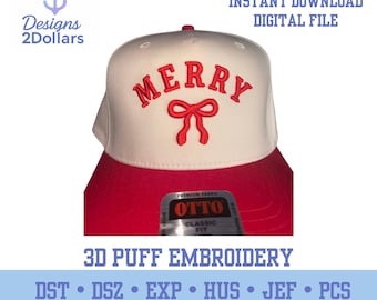 Merry 3D Puff Embroidery Design with Bow | Christmas Hat Embroidery File | 3D Foam Stitch | 3.56" x 2.38" | Digital Download
