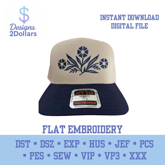 Blue Corn Flower Embroidery Design | Vintage Floral Hat File | Retro Botanical Embroidery | 4.45" x 2.27" | Digital Download