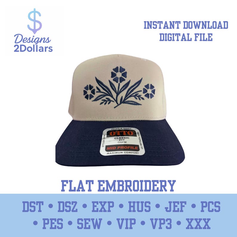 May include: A beige and navy blue baseball cap with a floral design embroidered on the front. The cap has a flat brim and the text "INSTANT DOWNLOAD DIGITAL FILE" is visible. The brand name "OTTO" is on the front.