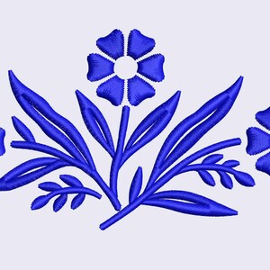 May include: A blue floral embroidery design featuring three six-petal flowers and stylized leaves. The design is symmetrical, with a central flower and two flanking flowers. The embroidery is detailed, with visible stitch lines, and set against a white background.