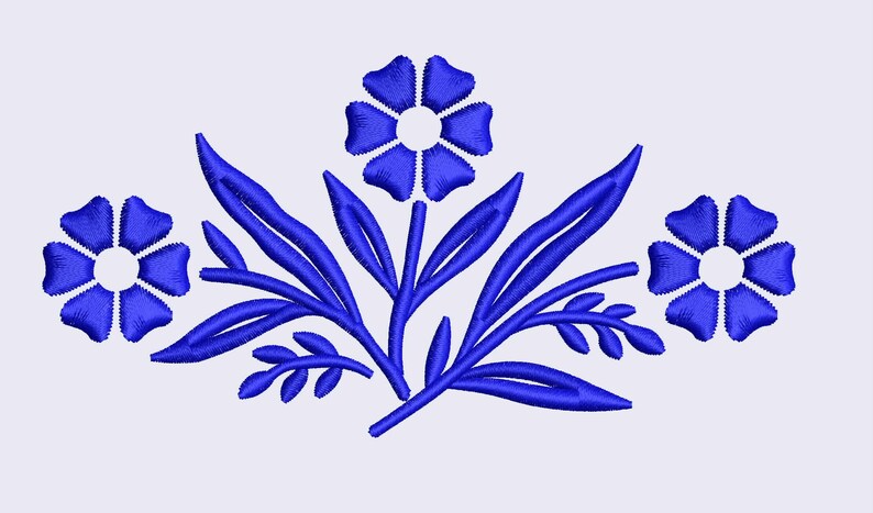 May include: A blue floral embroidery design featuring three six-petal flowers and stylized leaves. The design is symmetrical, with a central flower and two flanking flowers. The embroidery is detailed, with visible stitch lines, and set against a white background.