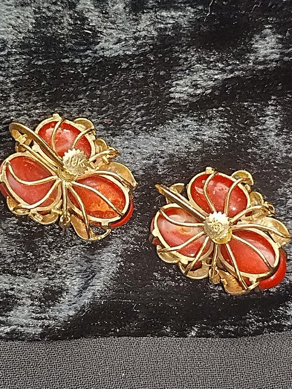 Vintage Oxblood Coral Diamond 18k Yellow Gold Ear… - image 7